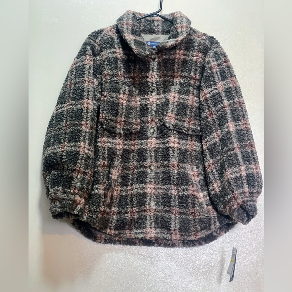 Democracy women’s Size Medium Green Pink Plaid Sherpa Teddy Bear Button Shacket